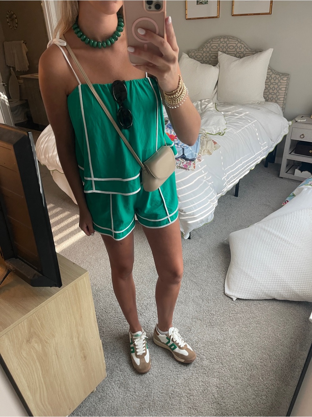 Green Strappy Romper with White Trim